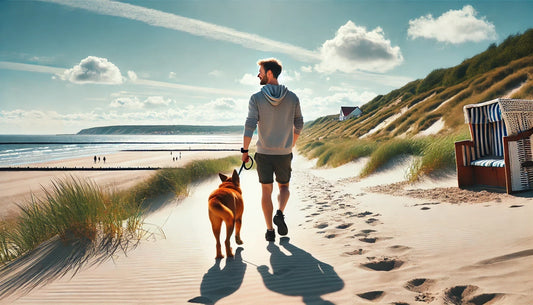 Herrchen und Hund spazieren zum strand